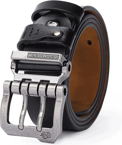 BISON DENIM Men's Belts Leather Dress Genuine Leather Classic Heavy Duty Buckle Belt Casual for Jeans