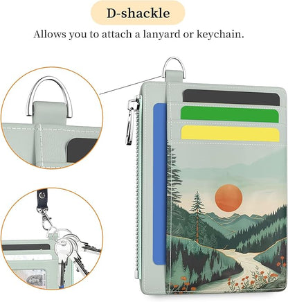 Hancynir Sunrise Mountain Small Wallet Women Credit Card Holder, Slim RFID Blocking Keychain Card Wallets, Mini Front Pocket PU Leather Thin Travel Zipper Coin Cash Ladies Wallet Organizer Gifts