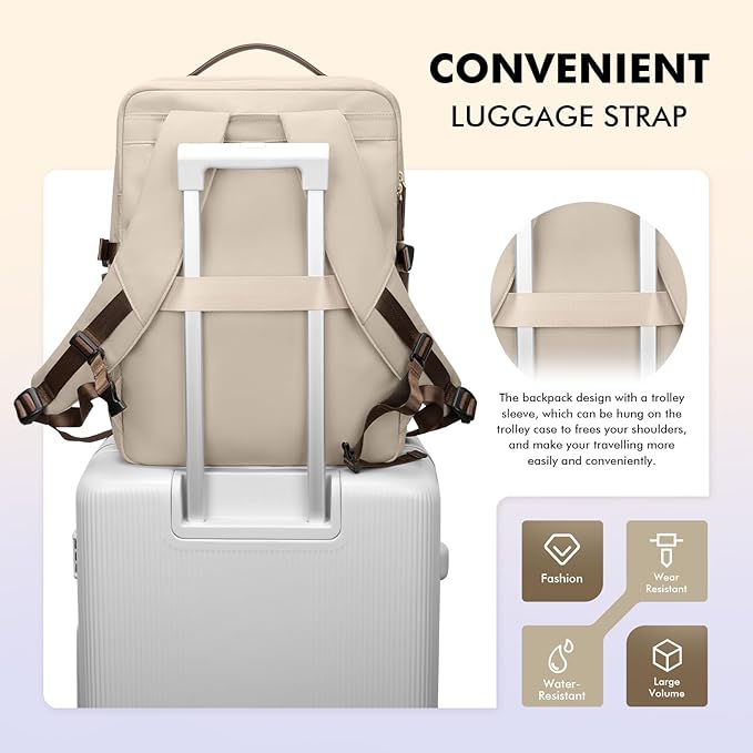 GOLF SUPAGS Stylish Laptop Backpack for Women Airline Approved Perfect for Work College and Travel Multi-Functional Casual Daypack Fits 17.3 Inch Notebook (Apricot)