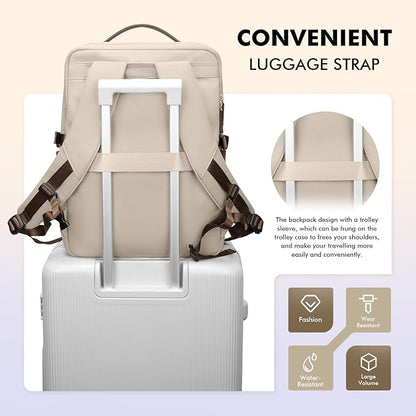 GOLF SUPAGS Stylish Laptop Backpack for Women Airline Approved Perfect for Work College and Travel Multi-Functional Casual Daypack Fits 17.3 Inch Notebook (Apricot)
