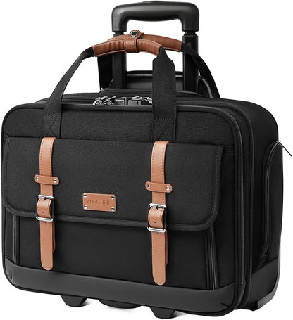 Rolling Laptop Bag, Briefcase for Men and Women, 16 Inch Computer Bag with Wheels Underseat Carry on Luggage, Laptop Briefcase Case for Work, Travel, College Teacher, Mobile Office Bag, Brown