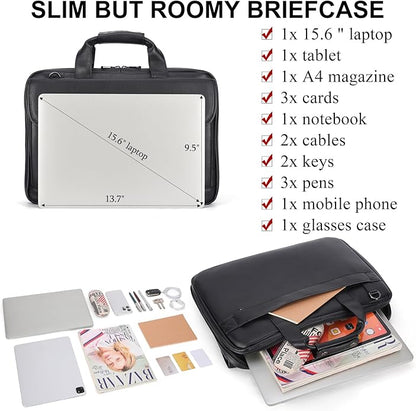 Masa Kawa Leather Briefcase for Men Slim 15.6" Laptop Bag Waterproof Crossbody Shoulder Messenger Computer Attache Case for Business Work, Black