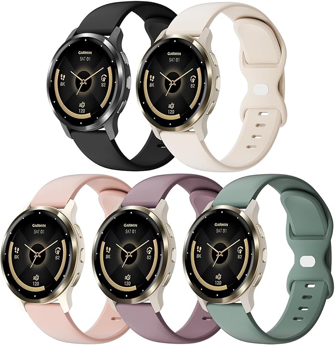 5 Pack 18mm Silicone Watch Band Compatible with Garmin Vivoactive 4S/Vivomove 3S/Venu 3S 41mm/Venu 4 41mm/Venu 2S/Forerunner 255S/265S, Quick Release Soft Sport Straps for Women Men