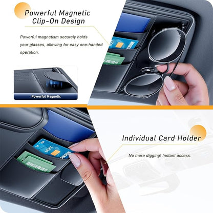 Tumecos Car Sun Visor Organizer with Tissue Holder, Auto Consoles Organizer with Sunglass Clip,Multi-Pocket Visor Accessories for Truck, SUV，Card/Pen/Driver's License Storage