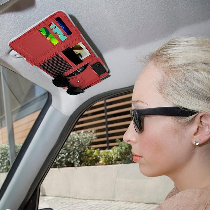 Car Sun Visor Organizer, Leather Pocket Organizer Sunglass Holder for Car Interior Accessories with Multi-Pocket Net Zipper (Red)