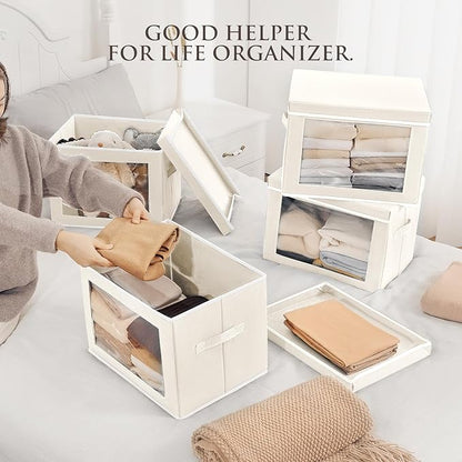 Homsorout Large Storage Bins with Lids - Fabric Storage Cubes with Window, Collapsible Bins for Clothes, 15.7 Inch Large Baskets for Bedroom, Dorm, Office, Beige, 6 Pack