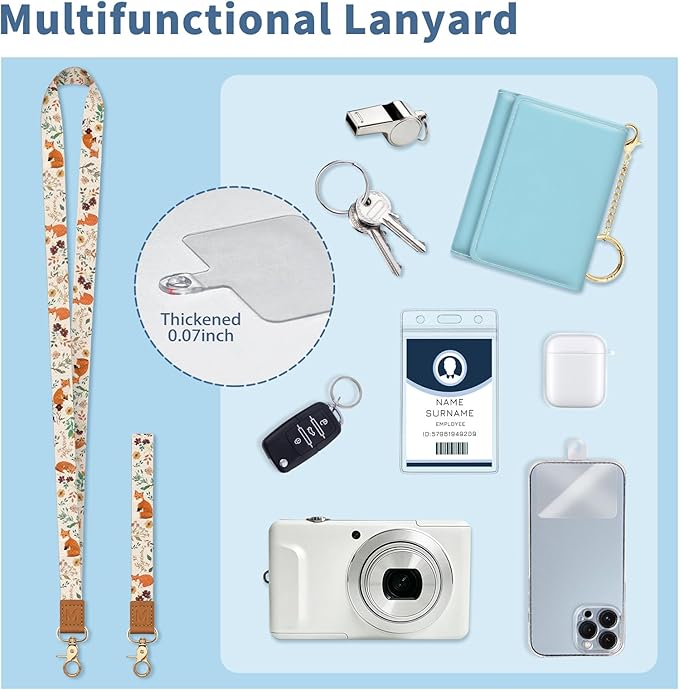 Lanyard Wallet with Id Badge Holder, Foxes RFID Small Keychain Wallet Women Wristlet, Cute Zipper Credit Card Holder Phone Wrist Neck Strap for Key Name Tag, Teacher Student Office Gifts