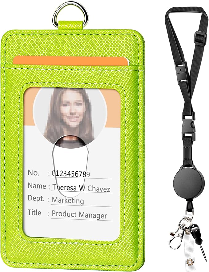 Leather Badge Holder and Adjustable Retractable Lanyards, Quick Release Buckle and Safety Breakaway Lanyards with Swivel Metal Clasp for Offices, Staff, Students, Employees