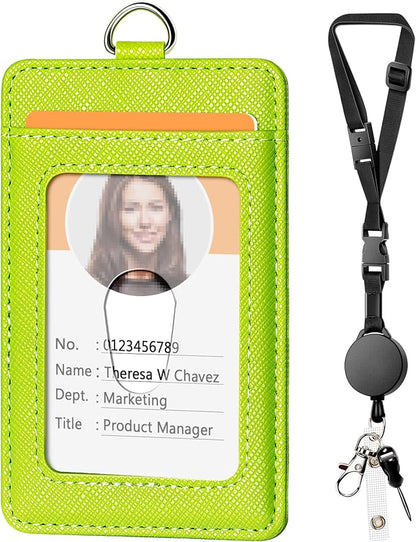 Leather Badge Holder and Adjustable Retractable Lanyards, Quick Release Buckle and Safety Breakaway Lanyards with Swivel Metal Clasp for Offices, Staff, Students, Employees