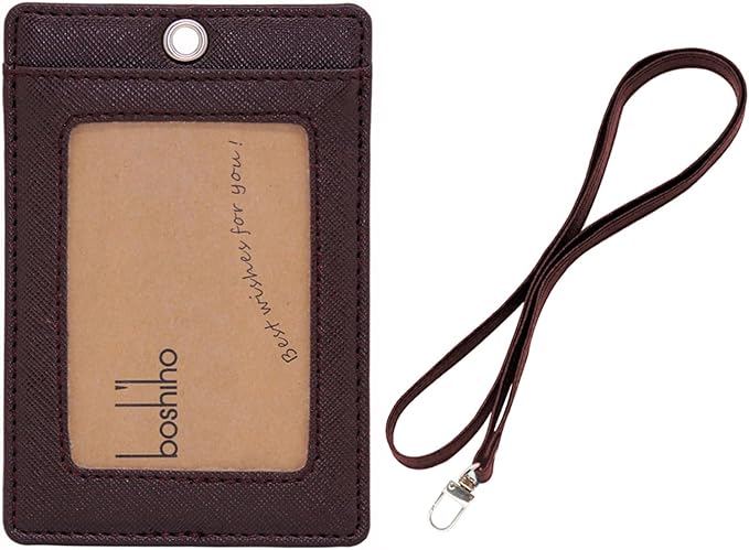 Boshiho Vertical Style Leather ID Card Badge Holder with Heavy Duty Lanyard (Brown 2)