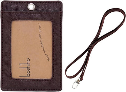 Boshiho Vertical Style Leather ID Card Badge Holder with Heavy Duty Lanyard (Brown 2)