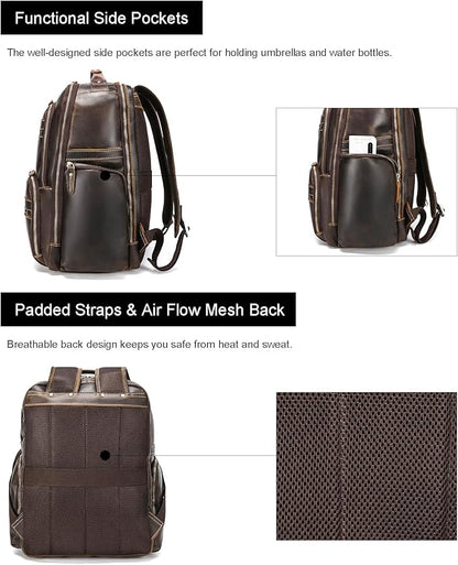 LANNSYNE Vintage Mens Full Grain Leather Backpack Fits 17.3 Inch Laptop, Large Casual Rucksack Shoulder Bag For Travel/Camping/Hiking-Brown