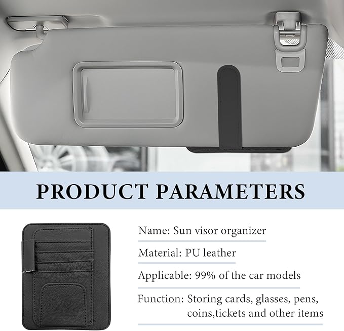 Small Leather Car Sun Visor Organizer, Auto Visor Pouch Card Sleeve Pocket with Sunglasses Clip, Multifunctional Sunvisor Wallet Holder for Driving License Pen Tickets (Black)