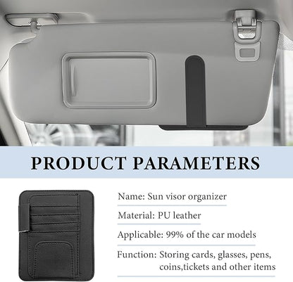 Small Leather Car Sun Visor Organizer, Auto Visor Pouch Card Sleeve Pocket with Sunglasses Clip, Multifunctional Sunvisor Wallet Holder for Driving License Pen Tickets (Black)