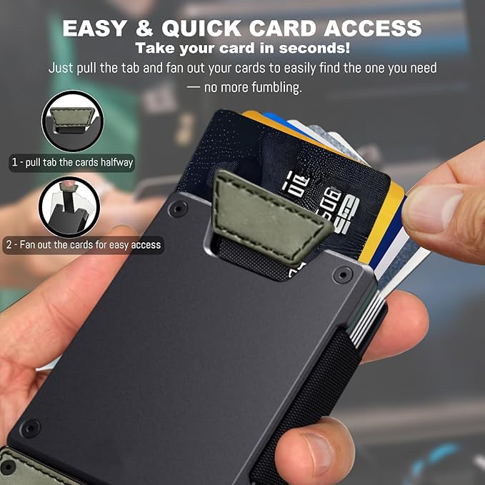 Slim Wallet for Men - Minimalist Compact Wallet and 25+ Card Holder, RFID Protected Front Pocket Wallets for Men with Integrated Elastic 10+ Cash Strap(Gray‌ PU Leather | Dark Green Metal)