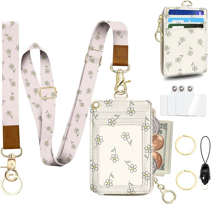 Cut Floral Lanyard for Id Badges,Leather with ID Badge Holder Wallet,Slim Credit Card Holder with Zipper Pocket Phone Lanyard Wallet for Women,Office,School,Teachers,Nurses