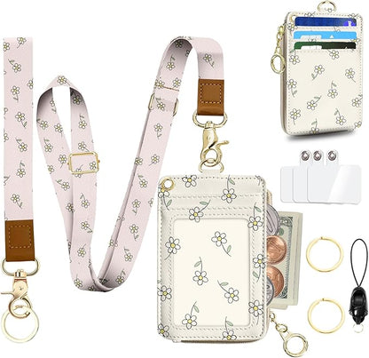 Cut Floral Lanyard for Id Badges,Leather with ID Badge Holder Wallet,Slim Credit Card Holder with Zipper Pocket Phone Lanyard Wallet for Women,Office,School,Teachers,Nurses