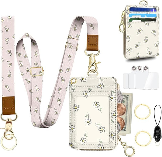 Cut Floral Lanyard for Id Badges,Leather with ID Badge Holder Wallet,Slim Credit Card Holder with Zipper Pocket Phone Lanyard Wallet for Women,Office,School,Teachers,Nurses