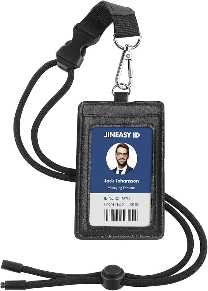 JINEASY ID Black Lanyard with ID Holder, Leather Badge Holder with Lanyard for Work Key Cards