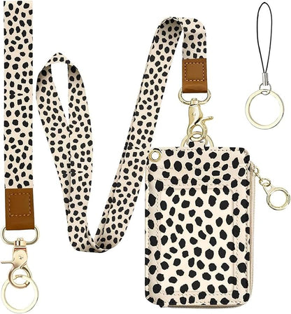 bolimoss Polka Dot ID Badge Holder Cute Teacher Lanyard Wallet, Credit Card Holders with Removable Wristlet & Neck Lanyard, Leather ID Name Badg 5 Card Slots Zipper Purses