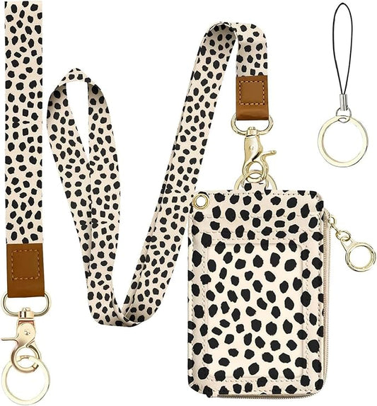 bolimoss Polka Dot ID Badge Holder Cute Teacher Lanyard Wallet, Credit Card Holders with Removable Wristlet & Neck Lanyard, Leather ID Name Badg 5 Card Slots Zipper Purses