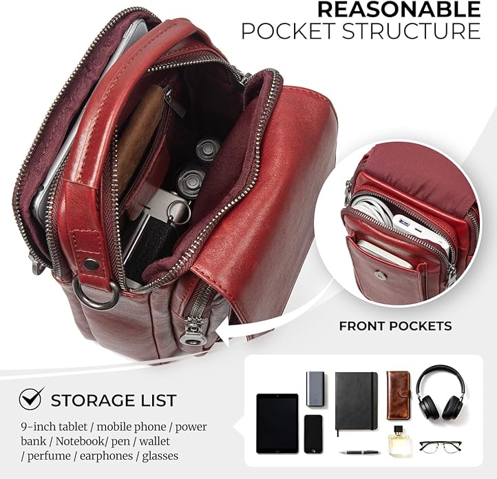 Augus Leather Small Messenger Bag For Men Crossbody Handbag Shoulder Sling Travel Bags for Men Purse Daypack Magnetic Buckle