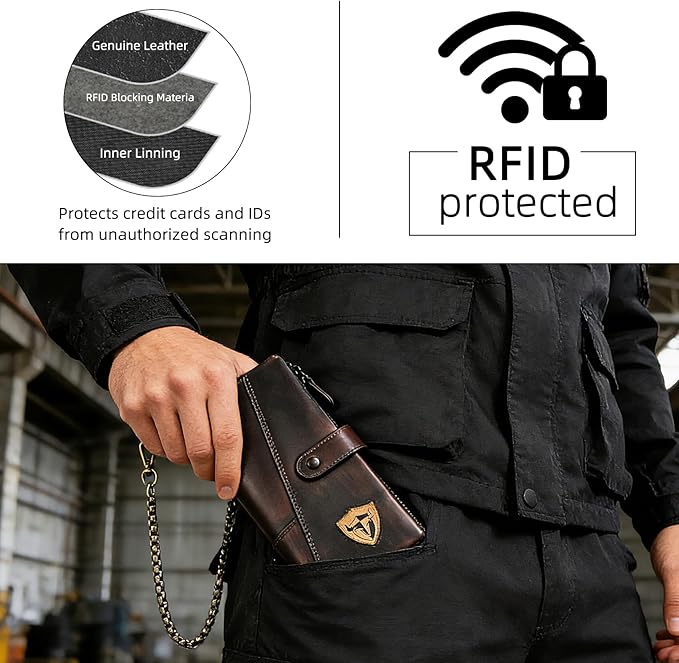 Genuine Crazy Horse Leather Travel Gift Coin Pocket Card Case Long Organizer Chain Rfid Wallet Purse With Snap For Men Male 1803 1815 (1803 Brown 26a)