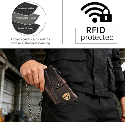 Genuine Crazy Horse Leather Travel Gift Coin Pocket Card Case Long Organizer Chain Rfid Wallet Purse With Snap For Men Male 1803 1815 (1803 Brown 26a)