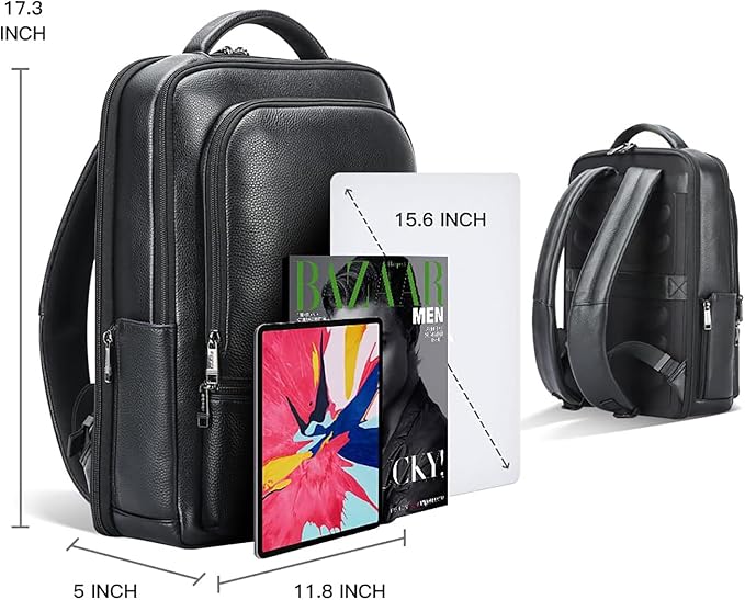 BOPai Genuine Leather Backpack for Men Multi-Function 15.6 inch Laptop Premium Executive Business Travel Friendly Smart Rucksack Anti Theft Large Capacity Office Classic Black