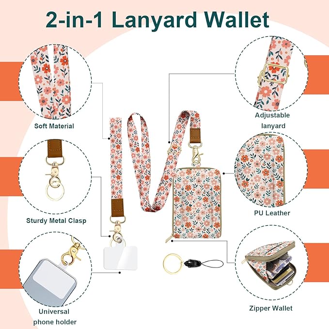 Colorful Floral Lanyard Wallet with ID Badge Holder PU Leathe RFID Small Keychain Wallet Women Wristlet Lanyard Wrist Strap, RFID Blocking for Office School Business Security Staff Women