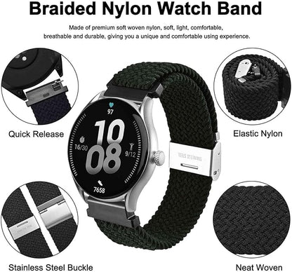 WOCCI 21mm Braided Nylon Watch Band for Men and Women, Quick Release, Silver Stainless Steel Buckle (Black)