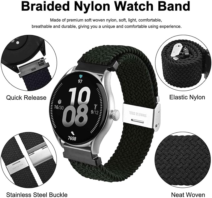 WOCCI 22mm Braided Nylon Watch Band for Men and Women, Quick Release, Silver Stainless Steel Buckle (Black)