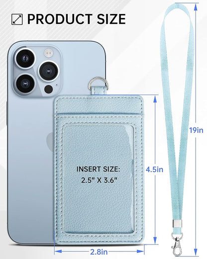 Teskyer Badge Holder with Lanyard, Leather ID Name Badge Card Holder with Lanyard for ID Badges, Vertical, Lychee Pattern Cyan