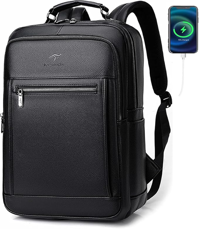 CHAO RAN Laptop Backpack for Men Leather Travel Backpack Carry on Flight Approved-Waterproof Medium Backpack Fit 15.6 Inch Notebook for College Business Office Bag with USB Charging Port (Black14)
