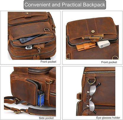 LUUFAN Full-grain Leather Laptop Backpack for Men Large Capacity Crazy Horse Leather Daypack Business Travel Outdoor Shoulder Bag, Brown