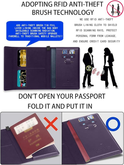 Passport Holder for Travel Essentials, RFID Blocking PU Leather Passport Wallet Cover Card holder Case Passport Book Holders for Women and Men, Dark Purple