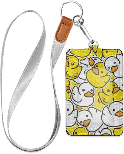 Badge Holder, Rubber Duck Yellow White PU Leather School College Business ID Badge Card Holder Wallet Case with 1 Clear Window, 2 Credit Card Slots and Detachable Neck Lanyard - Vertical