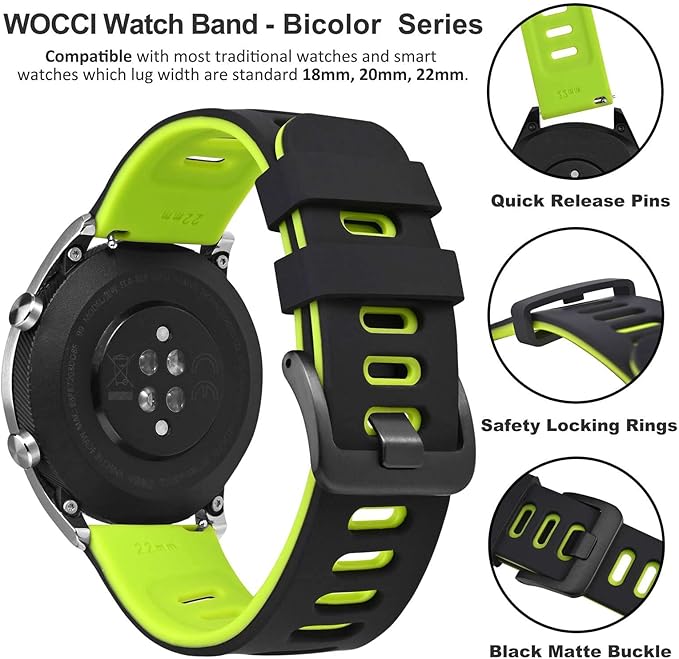 WOCCI 18mm Bicolor Watch Band, Silicone Rubber, Quick Release Replacement Strap for Men and Women, Black Stainless Steel Buckle (Black-Spring Green)