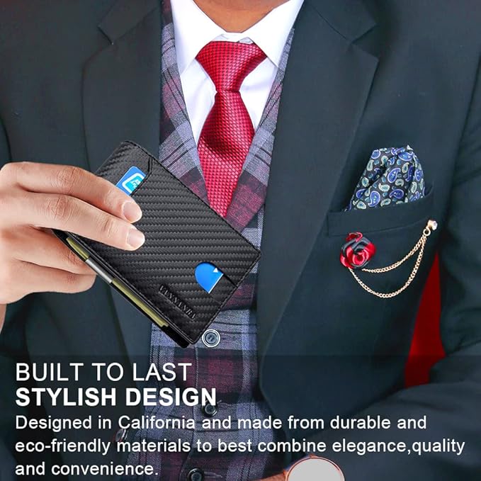 VANNANBA Minimalist Wallet for Men with Money Clip|ID Window|Large Capacity with 12 Card Slots|RFID Blocking,Carbon Fiber Front Pocket Credit Card Holder with Gift Box(Carbon Black)