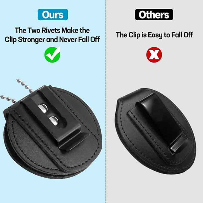 Police Badge Holder, Cowhide Law Enforcement Badge Holder, Universal Badge Holders Belt Clip with Stationary Metal Clip and Chain for Officer Gifts,Black,Circular