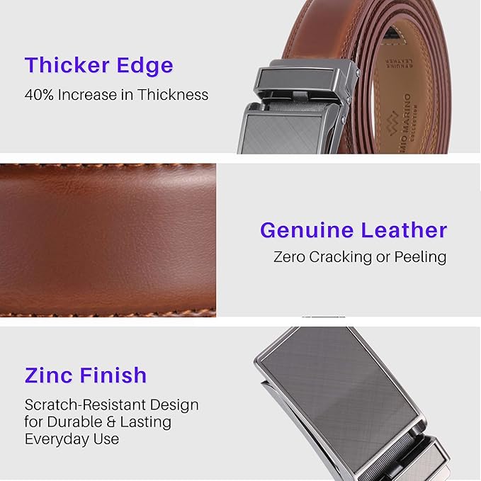 Marino Avenue Ratchet Belt for Men. Adjustable Leather Dress Belt with 38 Easy to Click Into Place Ratchet Closures.
