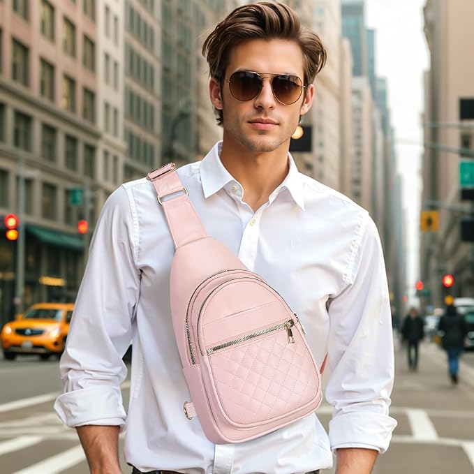 Crossbody Bags for Women Men,Leather Sling Bag Cross Body Backpack for Women, Casual Chest Bag Daypack for Travel Hiking,Pink