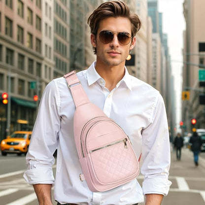Crossbody Bags for Women Men,Leather Sling Bag Cross Body Backpack for Women, Casual Chest Bag Daypack for Travel Hiking,Pink