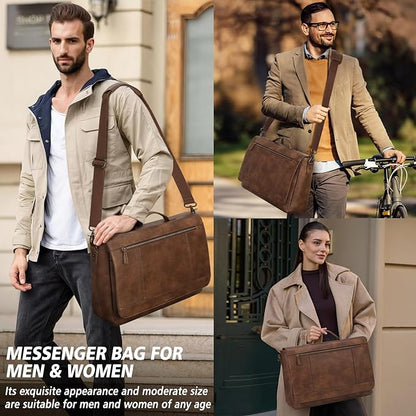 RAINSMORE Leather Messenger Bag for Men 15.6 Inch Laptop Bag Vintage Briefcase Large Computer Bag Satchel Shoulder Bag For College, Work, Business, Office, Brown