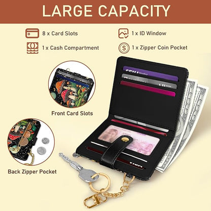 Jogjam Mushroom Rfid Women Wallet, Small Slim Thin Credit Card Wallet, PU Leather Bifold Cash Zipper Coin Pocket ID Window for Female Ladies Teen Girls Girly
