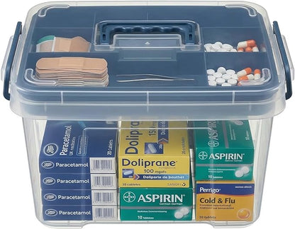 Pulseplay Clear Medicine Organizer Box with Handle Medicine Cabinet Organizer with Removable Tray First Aid Box Empty for Home Travel Outdoor (Blue)