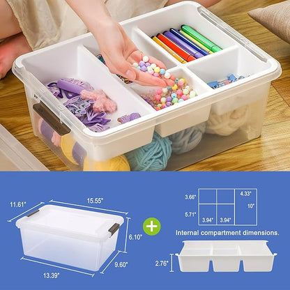 MACOPRO 17 QT Plastic Storage Box with Removable Tray, Bins with Lids, Clear Storage Container for Craft Supplies, Beads, Tools, Sewing, and Playdoh Organization (White, 1Pack-17QT)
