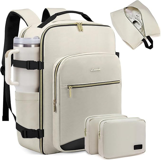 LOVEVOOK 40L Large Travel Backpack for Women Men, 17 Inch Carry on Backpack for Traveling on Airplane, Personal Item Travel Bag Airline Approved, Business Causal Weekender Backpack, Beige-Black