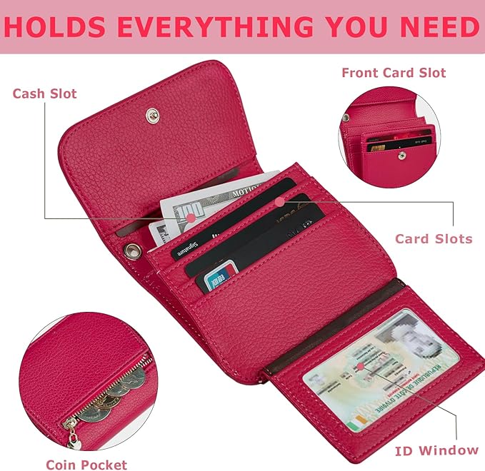 Women Small Wallet RFID Blocking Slim Wallet with Coin Pocket Tri-Fold Credit Card Holder with ID Window and Keychain (Red)