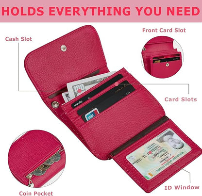 Women Small Wallet RFID Blocking Slim Wallet with Coin Pocket Tri-Fold Credit Card Holder with ID Window and Keychain (Red)